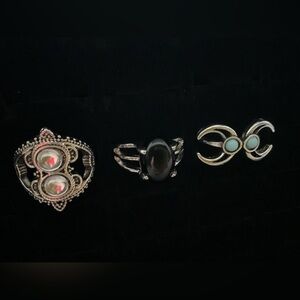 New x3 Silver Tone Rings Crystal Black Stone Trendy Fashion Ring Set  Size 7 / 8